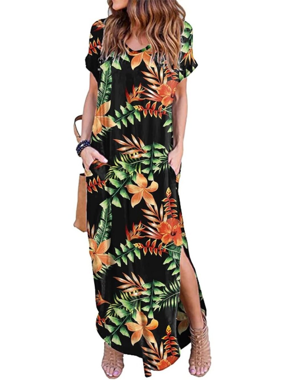 Women's Flower2 Summer Maxi Long Dress Casual Loose Short Sleeve Split Pocket